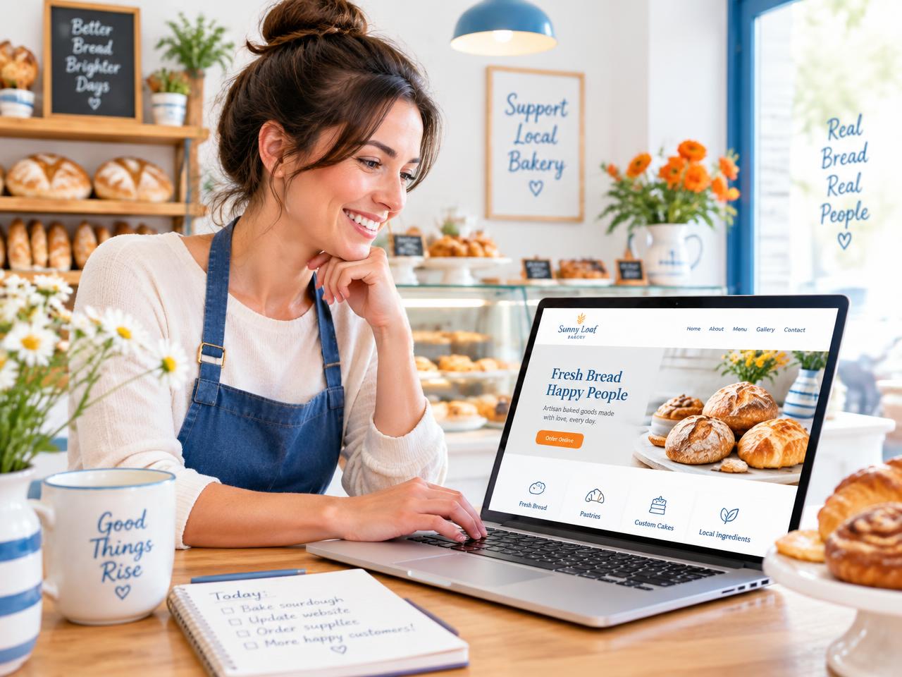 Small bakery owner smiling at her new website